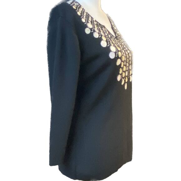 Joseph A Silver Sequins Embellished Sweater V-Neck 3/4 Sleeve Black Women L - Picture 3 of 6